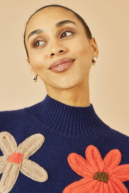 Yumi Navy Knitted High Neck Jumper with Applique Flowers
