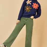 Yumi Navy Knitted High Neck Jumper with Applique Flowers