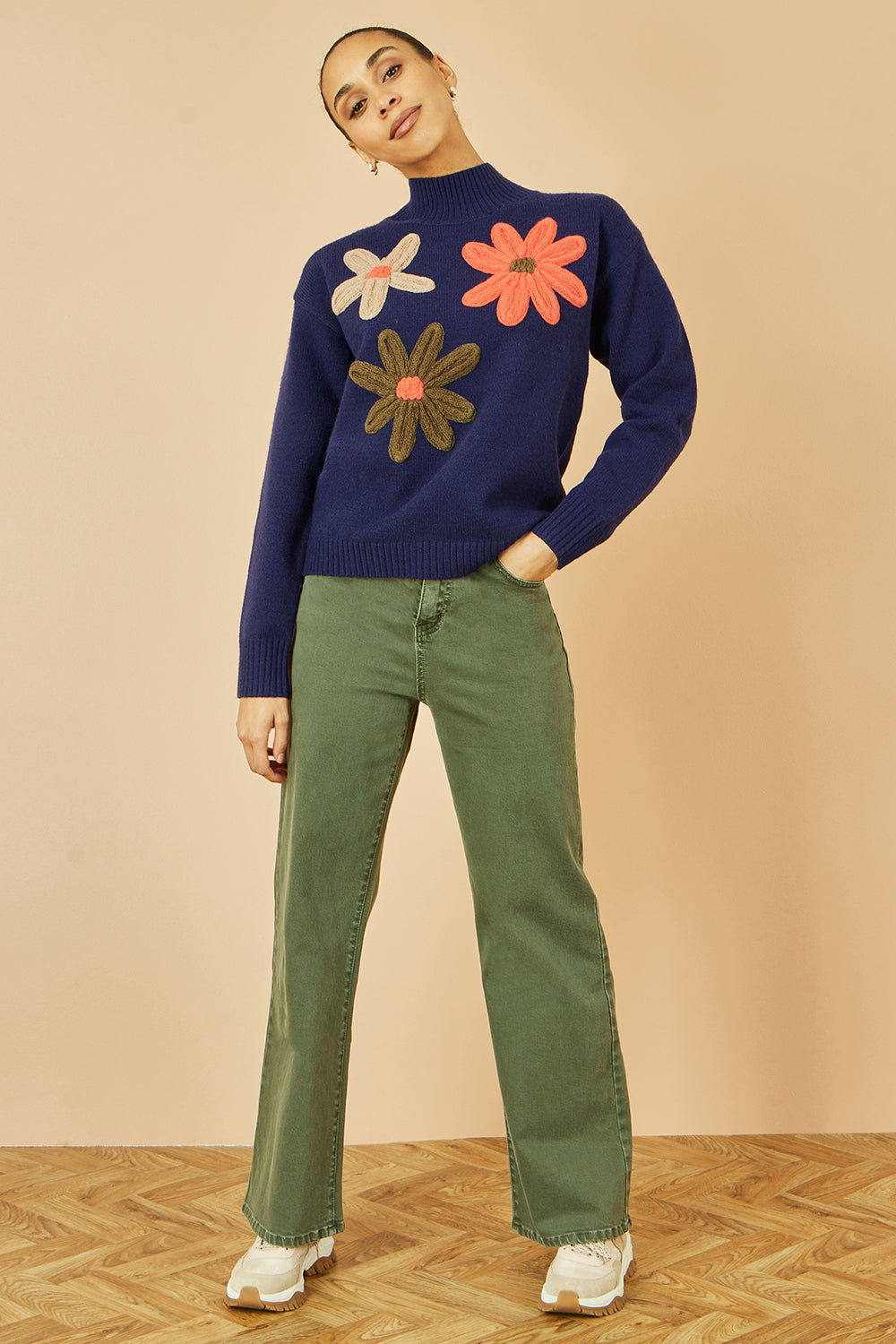 Yumi Navy Knitted High Neck Jumper with Applique Flowers