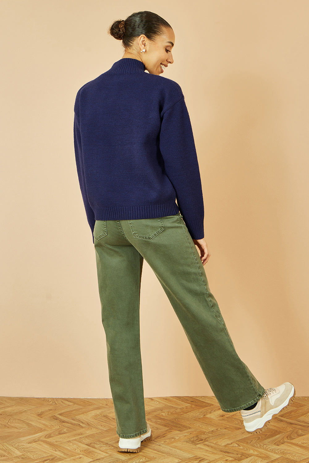 Yumi Navy Knitted High Neck Jumper with Applique Flowers