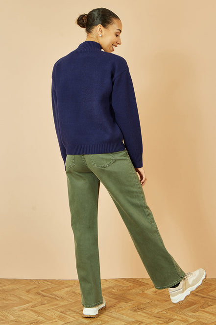 Yumi Navy Knitted High Neck Jumper with Applique Flowers