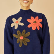 Yumi Navy Knitted High Neck Jumper with Applique Flowers
