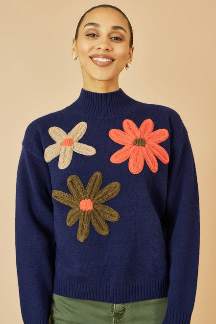 Yumi Navy Knitted High Neck Jumper with Applique Flowers