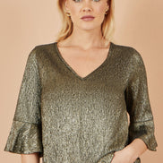 Yumi Gold Stretch Top with Fluted Sleeves