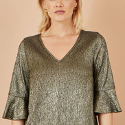 Yumi Gold Stretch Top with Fluted Sleeves