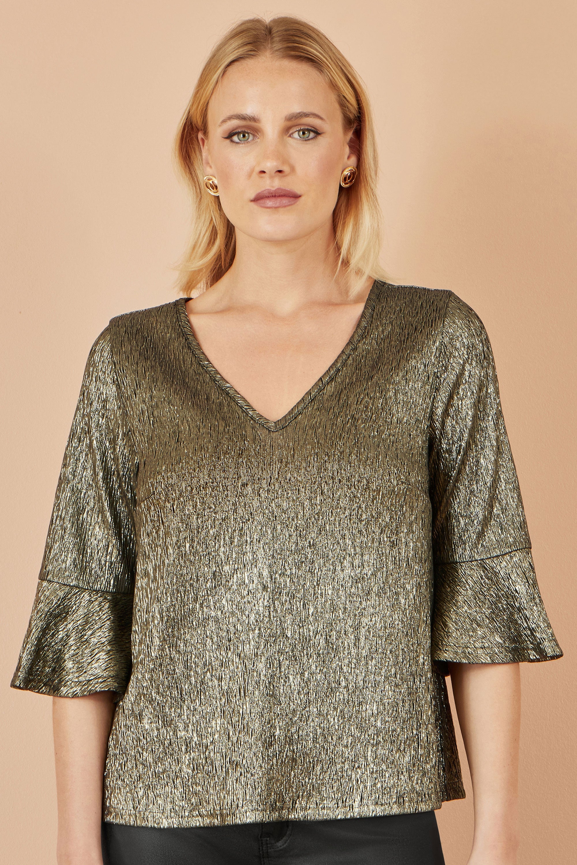 Yumi Gold Stretch Top with Fluted Sleeves