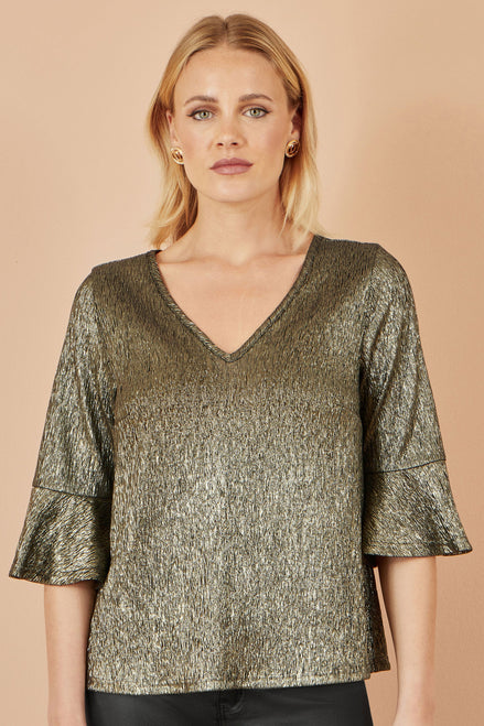 Yumi Gold Stretch Top with Fluted Sleeves