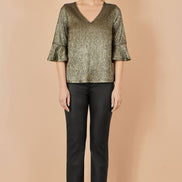 Yumi Gold Stretch Top with Fluted Sleeves