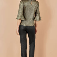 Yumi Gold Stretch Top with Fluted Sleeves