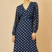 Yumi Navy Foil Print Midi Dress