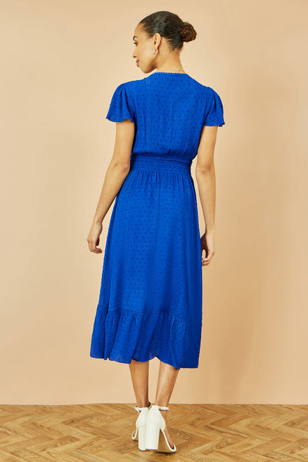 Yumi Blue Button Detail Midi Dress with Ruched Waist and Metallic Thread