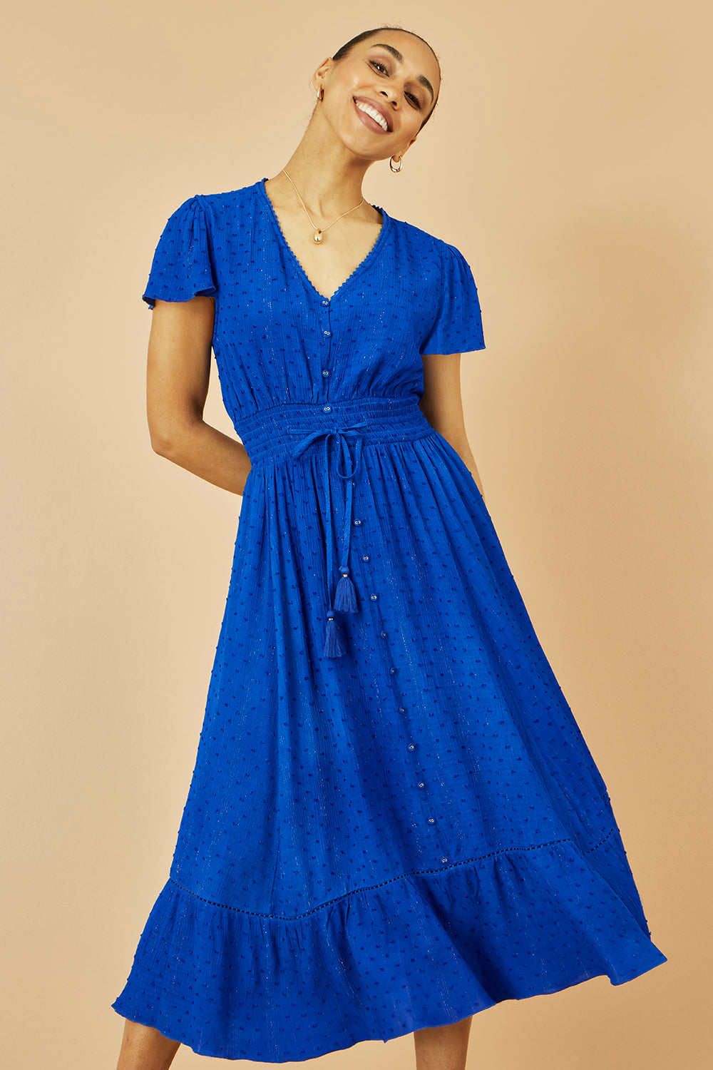 Yumi Blue Button Detail Midi Dress with Ruched Waist and Metallic Thread