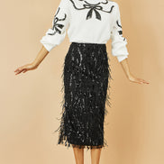 Yumi Black Hanging Sequin Fitted Midi Skirt