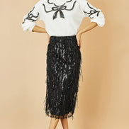 Yumi Black Hanging Sequin Fitted Midi Skirt