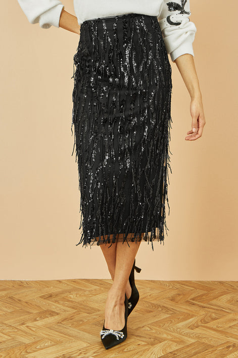 Yumi Black Hanging Sequin Fitted Midi Skirt