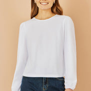 Yumi White Stretch Cotton Jersey Long Sleeve Top