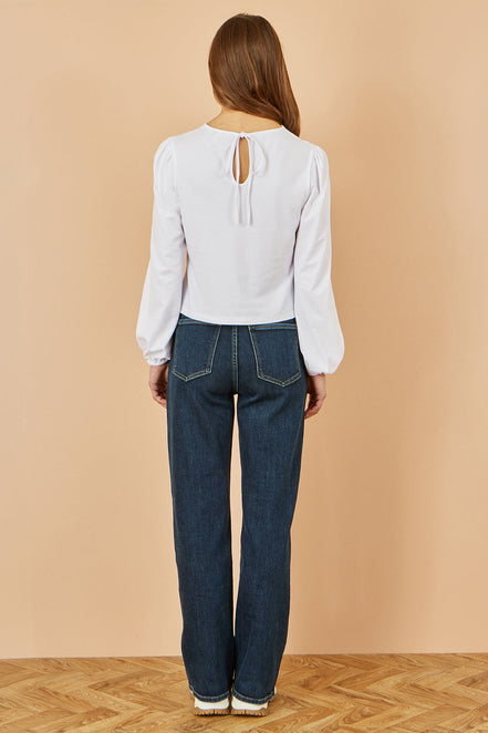 Yumi White Stretch Cotton Jersey Long Sleeve Top