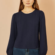 Yumi Navy Stretch Cotton Jersey Long Sleeve Top