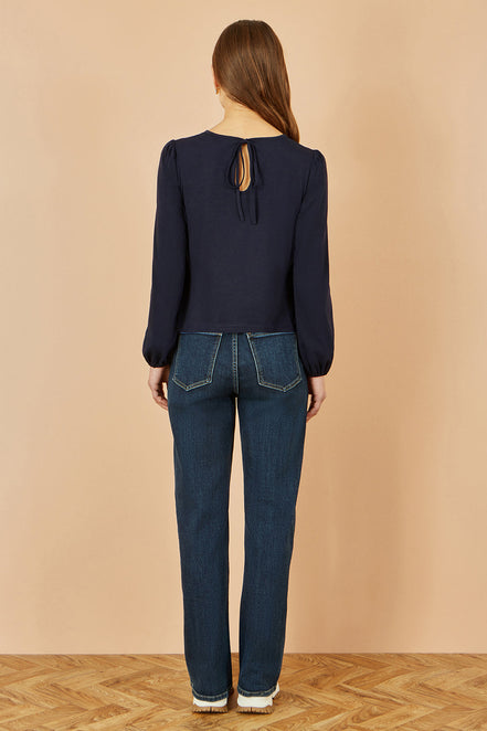 Yumi Navy Stretch Cotton Jersey Long Sleeve Top