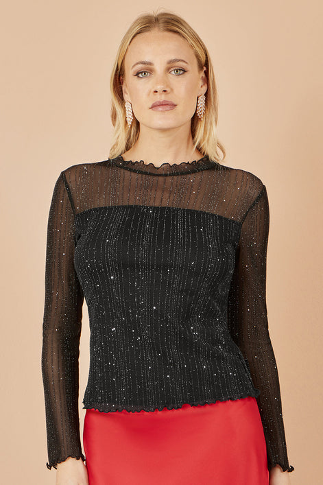 Yumi Black Sparkle Print Mesh Stretch Fitted Top