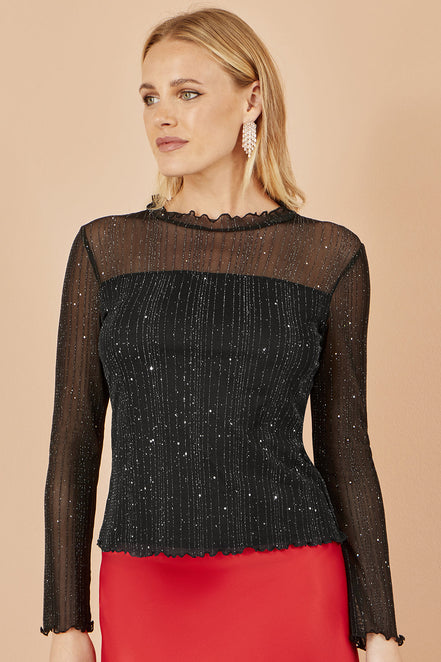 Yumi Black Sparkle Print Mesh Stretch Fitted Top