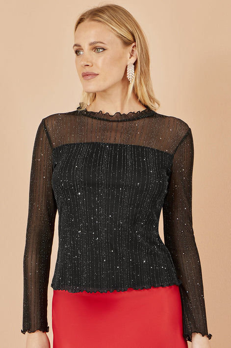 Yumi Black Sparkle Print Mesh Stretch Fitted Top