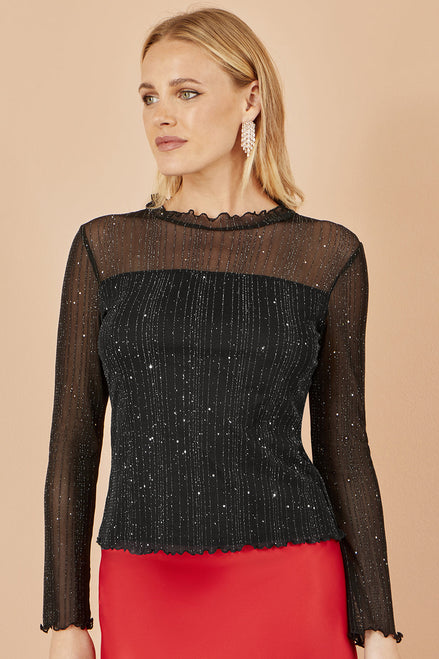 Yumi Black Sparkle Print Mesh Stretch Fitted Top