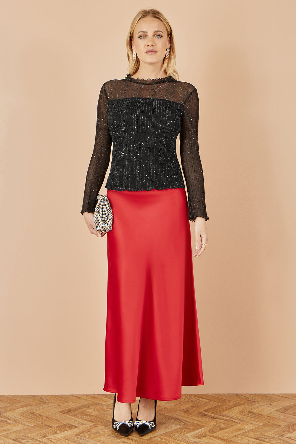 Yumi Black Sparkle Print Mesh Stretch Fitted Top
