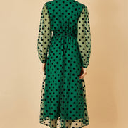 Yumi Green Spot Mesh Wrap Midi Skater Dress