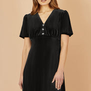 Yumi Black Velvet Skater Dress with Dimante Bow Detail