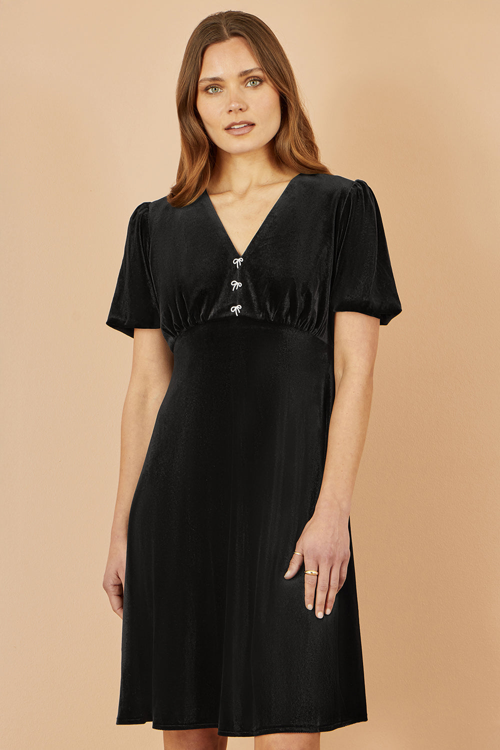 Yumi Black Velvet Skater Dress with Dimante Bow Detail