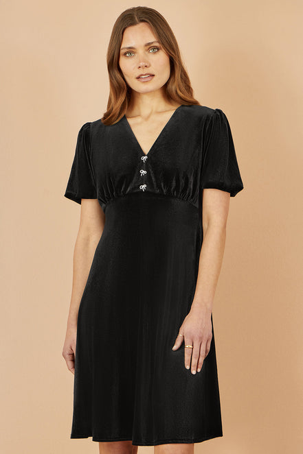 Yumi Black Velvet Skater Dress with Dimante Bow Detail