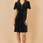 Yumi Black Velvet Skater Dress with Dimante Bow Detail