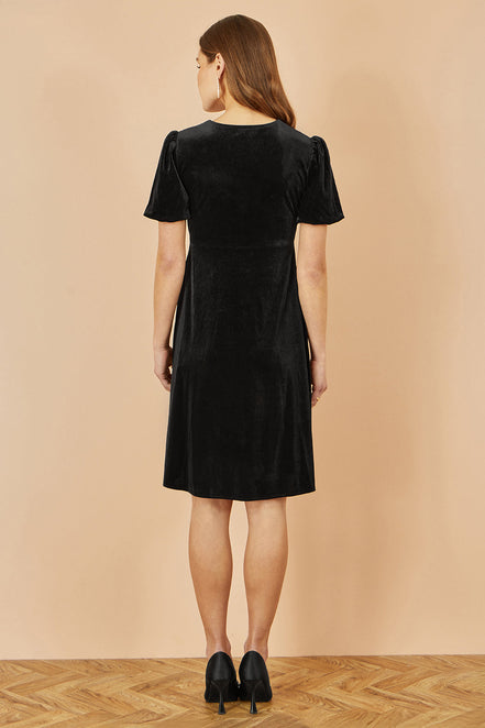 Yumi Black Velvet Skater Dress with Dimante Bow Detail