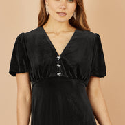 Yumi Black Velvet Skater Dress with Dimante Bow Detail