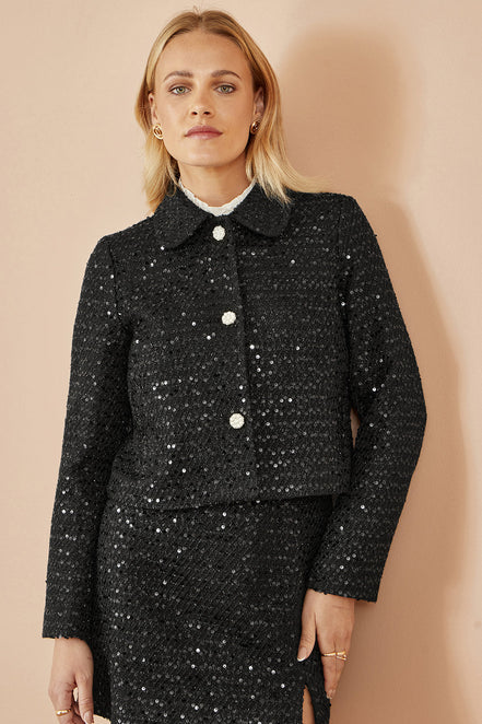 Yumi Black Boucle Sequin Jacket with Pearl Buttons