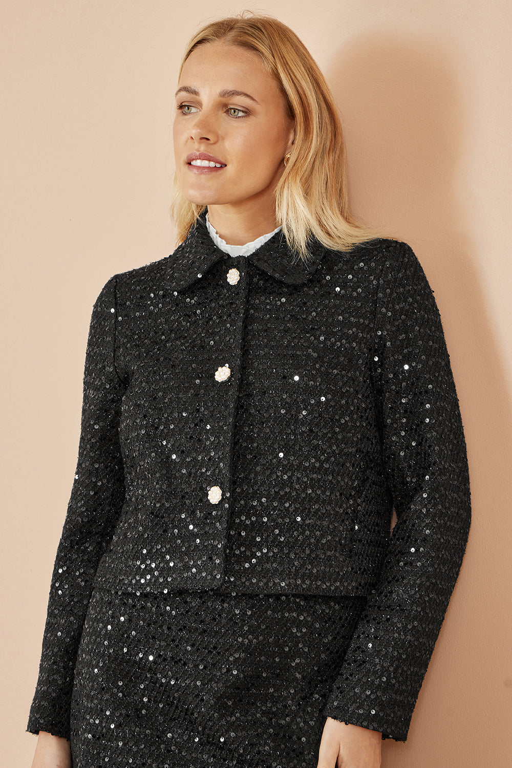 Yumi Black Boucle Sequin Jacket with Pearl Buttons