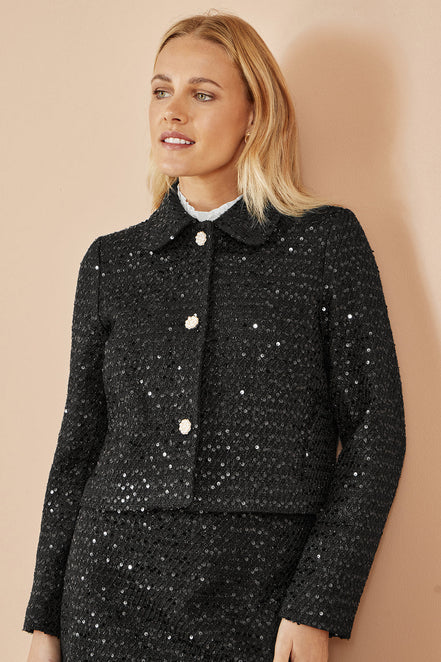 Yumi Black Boucle Sequin Jacket with Pearl Buttons