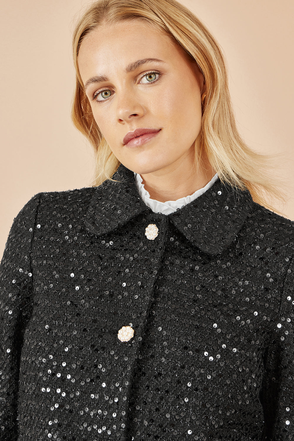 Yumi Black Boucle Sequin Jacket with Pearl Buttons