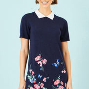 Yumi Navy Embroidered Knitted Floral Tunic