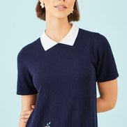 Yumi Navy Embroidered Knitted Floral Tunic