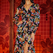 Yumi Black Floral and Foil Ruched Midi Dress with Split Hemline