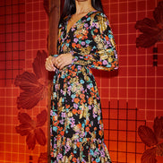 Yumi Black Floral and Foil Ruched Midi Dress with Split Hemline