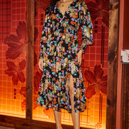 Yumi Black Floral and Foil Ruched Midi Dress with Split Hemline