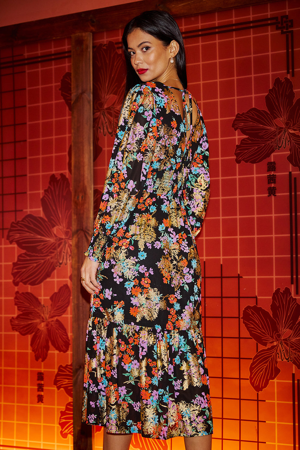 Yumi Black Floral and Foil Ruched Midi Dress with Split Hemline