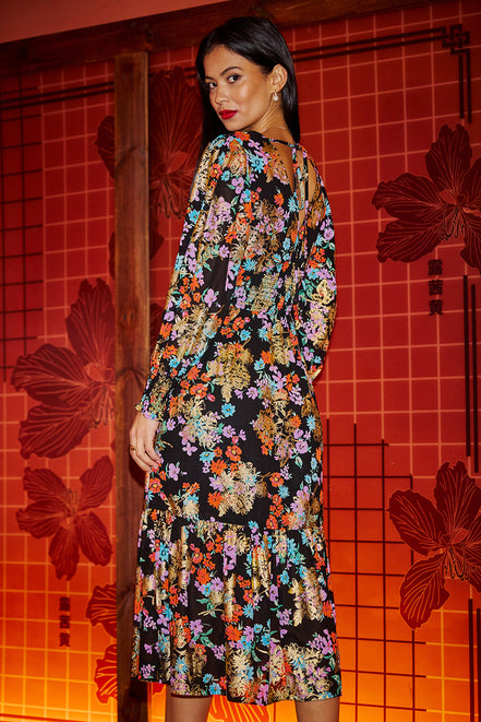 Yumi Black Floral and Foil Ruched Midi Dress with Split Hemline
