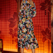 Yumi Black Floral and Foil Ruched Midi Dress with Split Hemline
