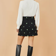 Yumi Black Flower Embroidered Cord Mini Skirt