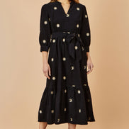 Yumi Black Cosmic Embroidery Cord Midi Shirt Dress