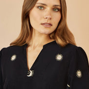 Yumi Black Cosmic Embroidery Cord Midi Shirt Dress
